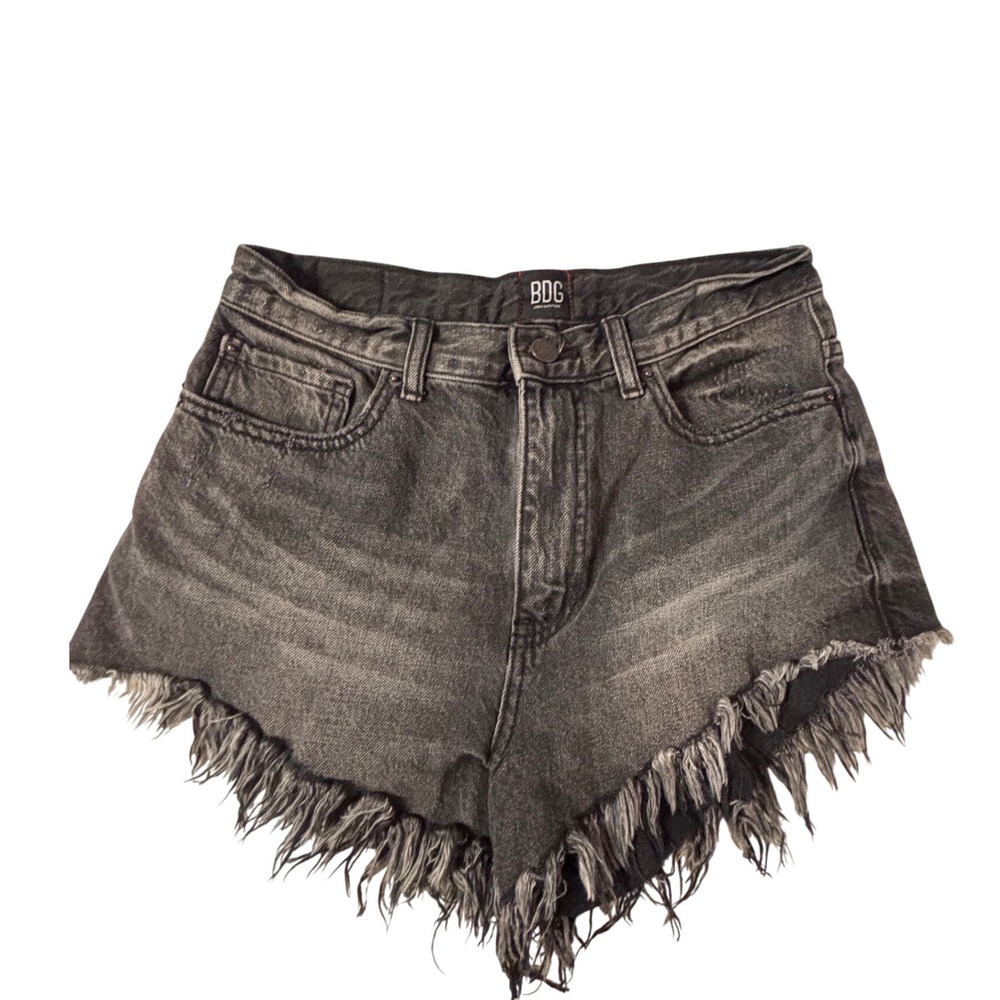 BDG Urban Outfitters High-Rise Cheeky Washed Black Frayed Fringe Denim Shorts 28
